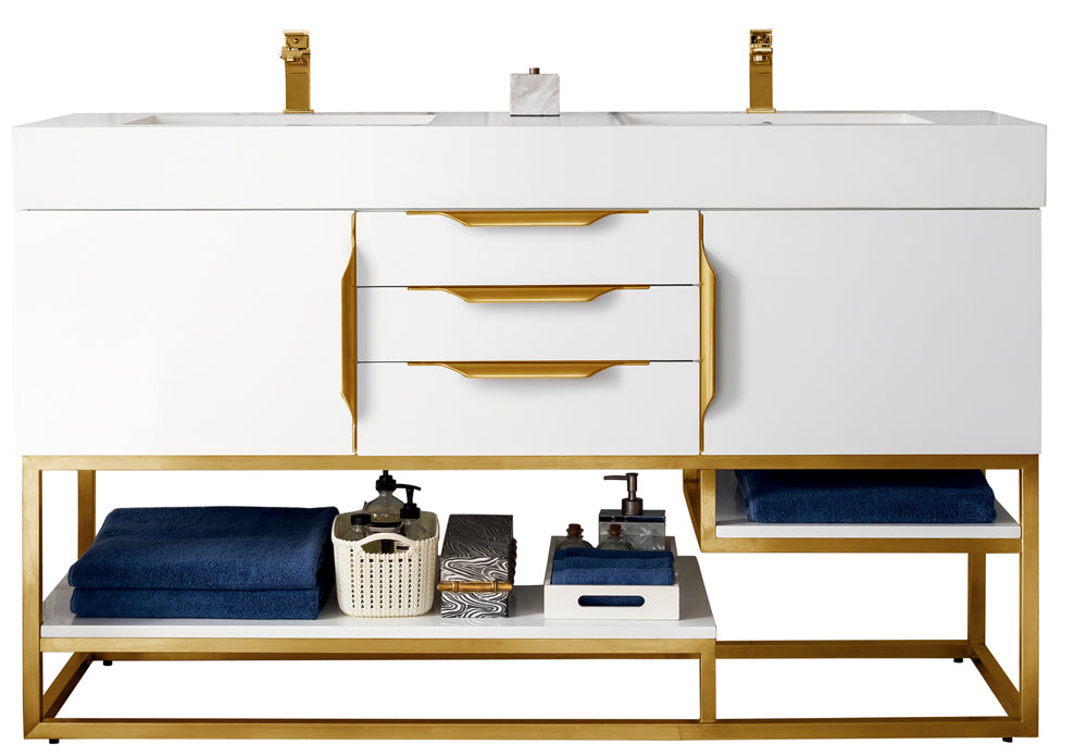 59 Columbia Double Sink Bathroom Vanity, Glossy White w/ Radiant Gold