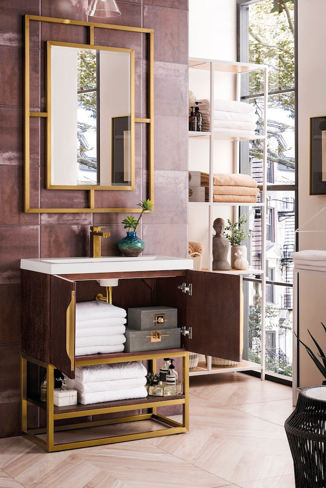 31.5 Columbia Single Sink Bathroom Vanity, Coffee Oak & Radiant Gold