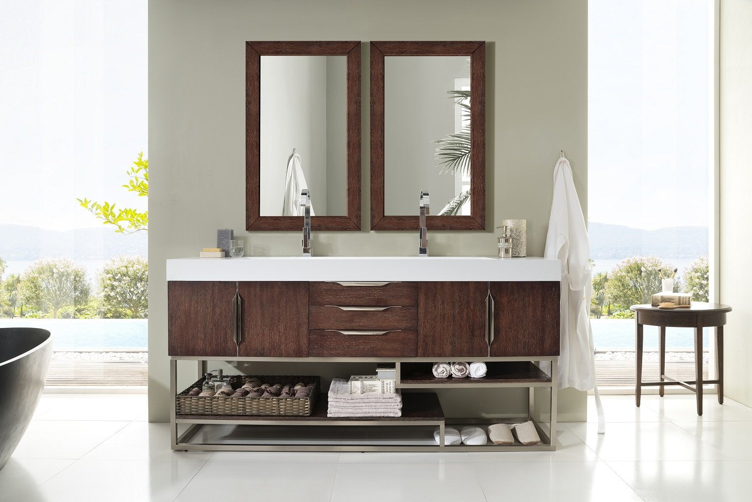72 Columbia Double Sink Bathroom Vanity, Coffee Oak & Brushed Nickel