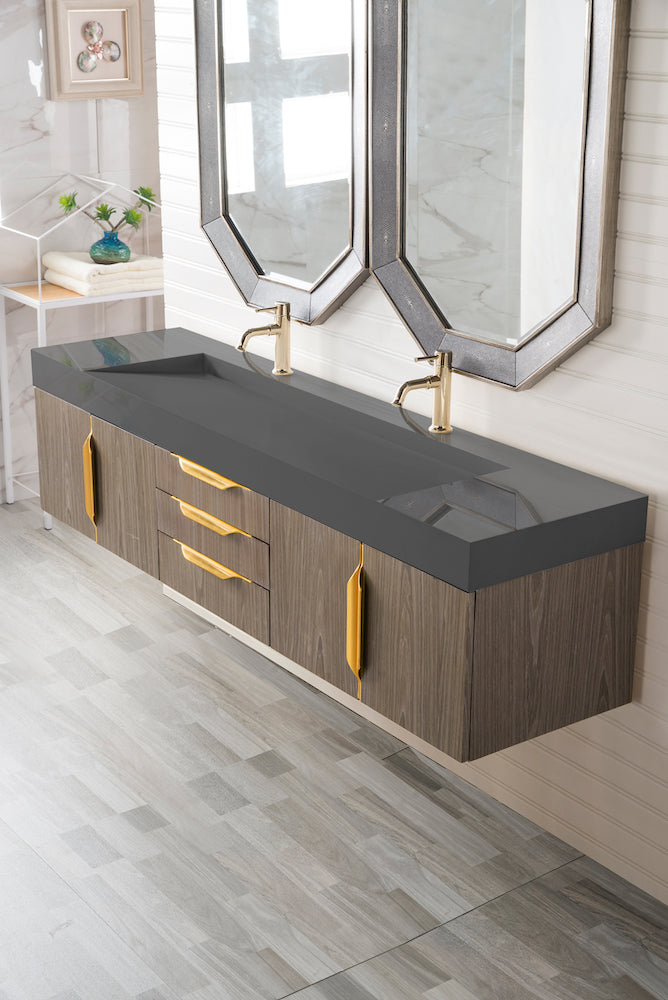 72 Mercer Island Double Sink Bathroom Vanity, Ash Gray w/ Radiant Gol