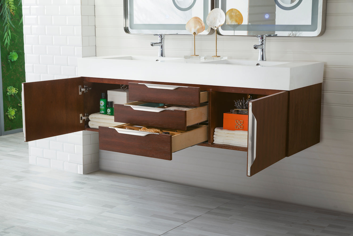 59 Mercer Island Double Sink Bathroom Vanity, Coffee Oak w/ Brushed N