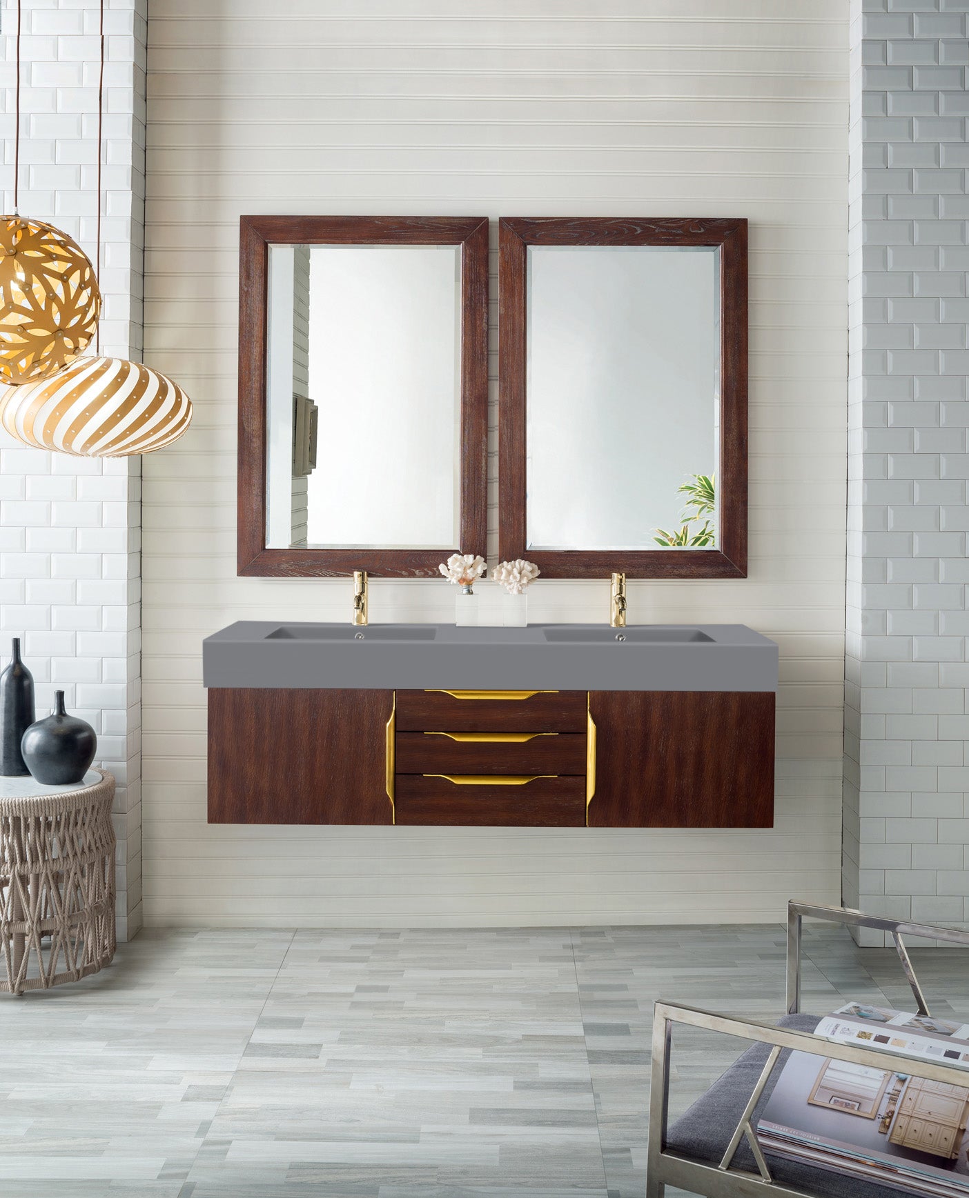 59 Mercer Island Double Sink Bathroom Vanity, Coffee Oak w/ Radiant G
