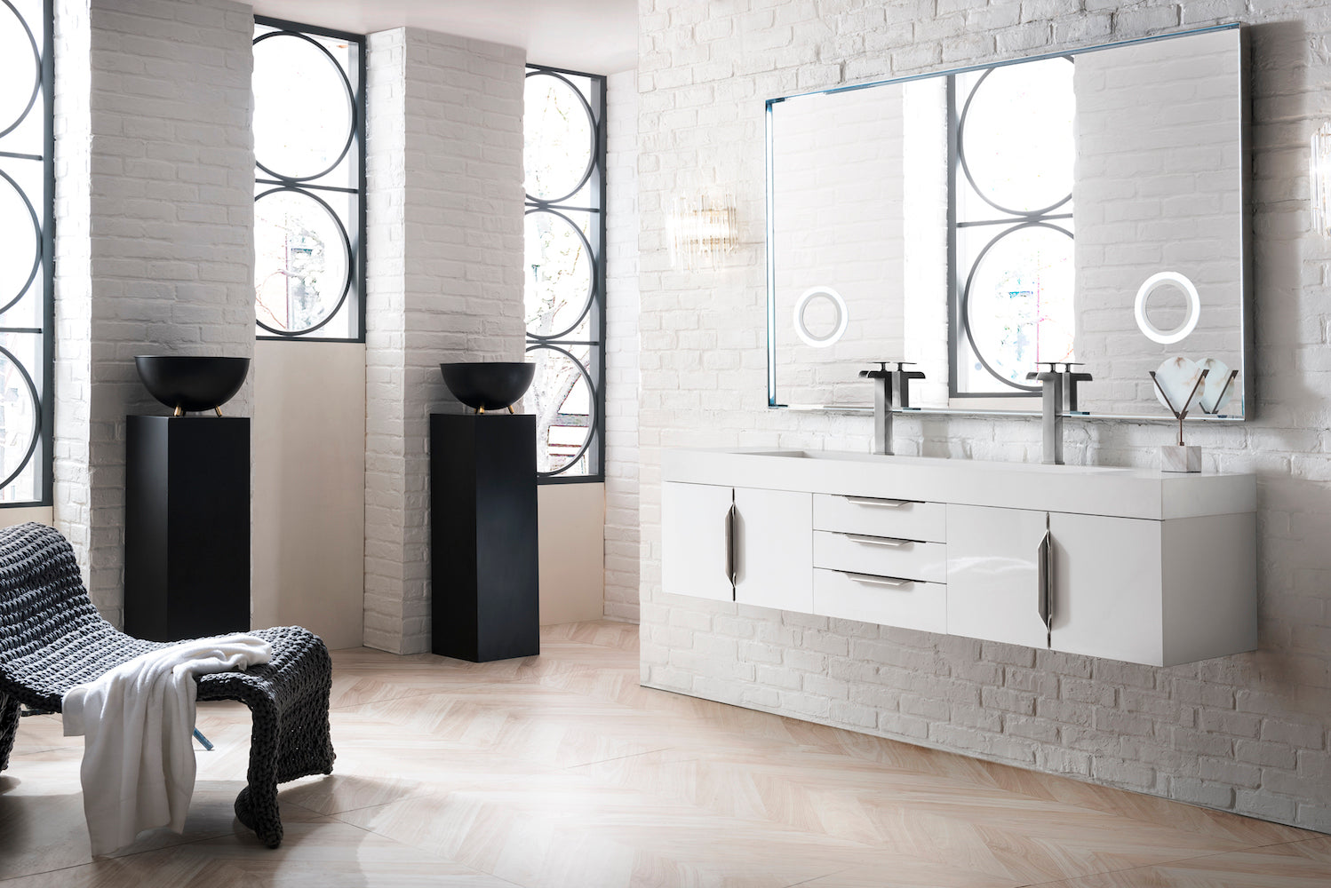 72" Mercer Island Double Sink Bathroom Vanity, Glossy White w/ Brushed Nickel