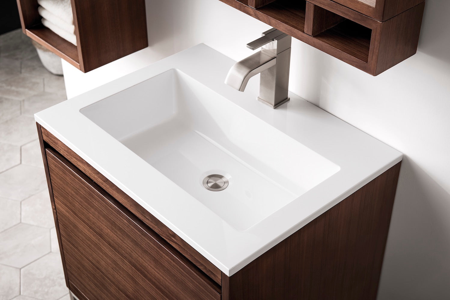 23.6" Milan Single Sink Bathroom Vanity, Mid Century Walnut, Glossy White Base w/ White Top