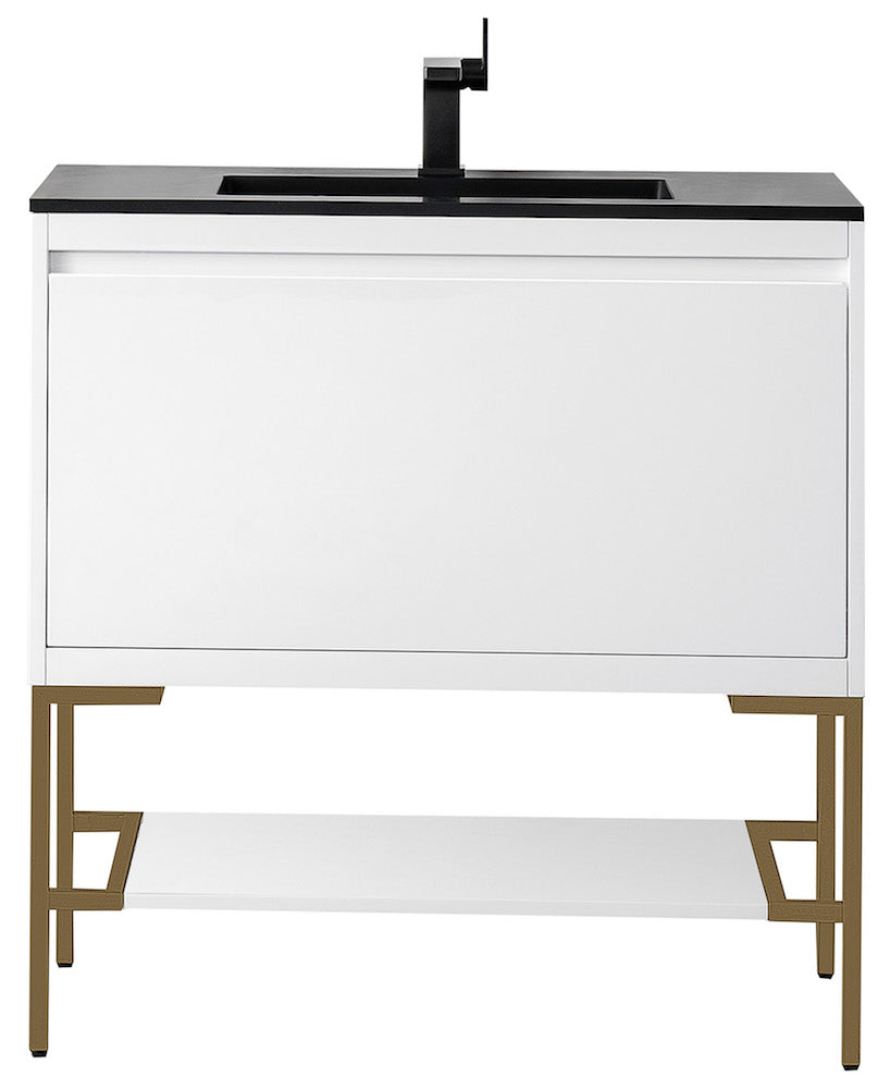 35.4" Milan Single Sink Bathroom Vanity, Glossy White, Radiant Gold Base w/ Black Top