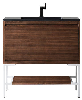 35.4" Milan Single Sink Bathroom Vanity, Mid Century Walnut, Glossy White Base w/ Black Top