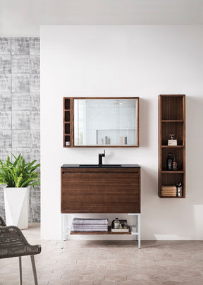 35.4" Milan Single Sink Bathroom Vanity, Mid Century Walnut, Glossy White Base w/ Black Top